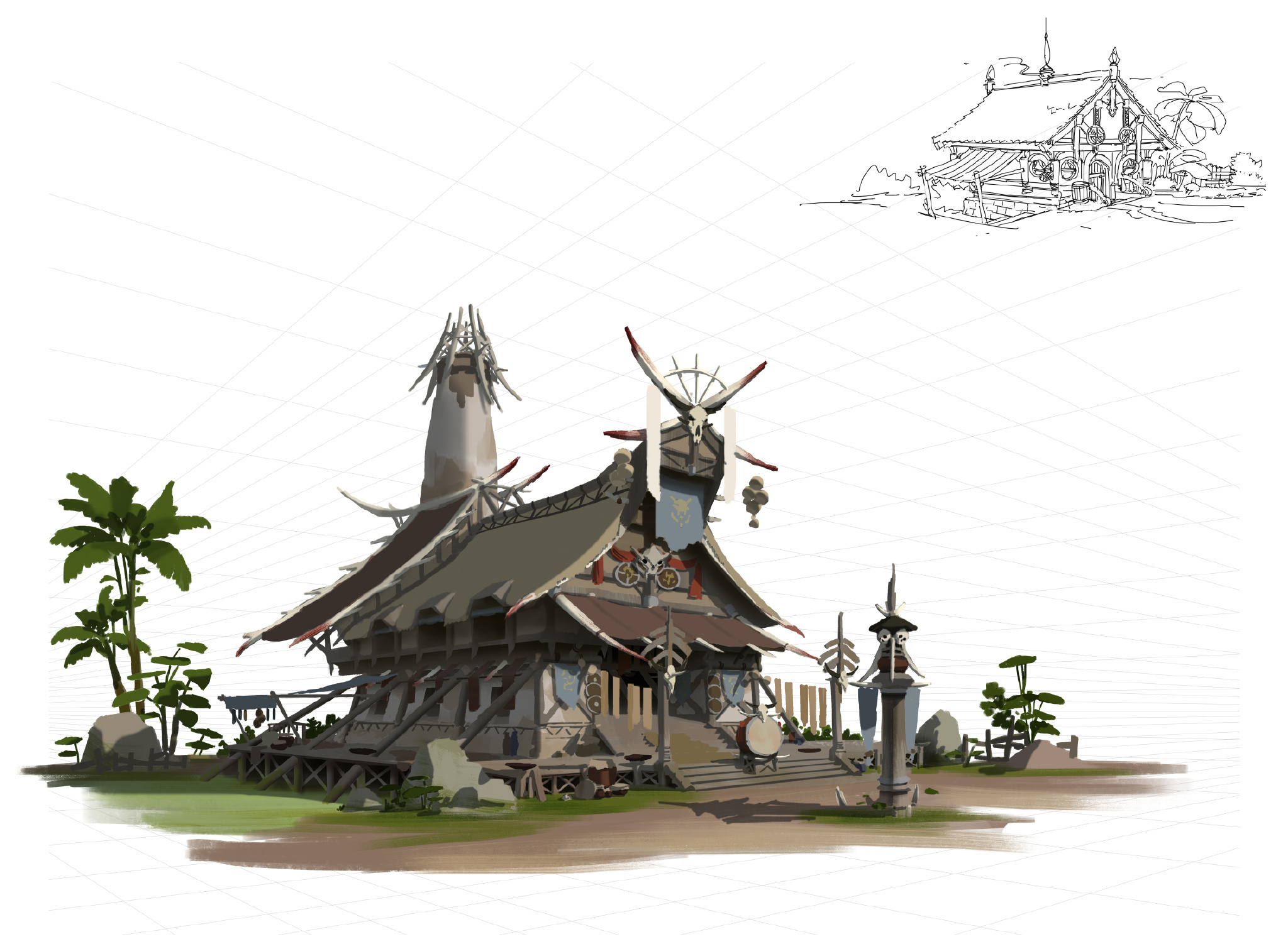游戏原画场景设计 部落建筑详细过程图