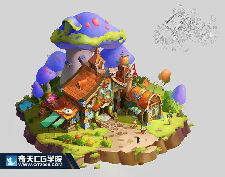 游戏场景原画,Q版建筑设计